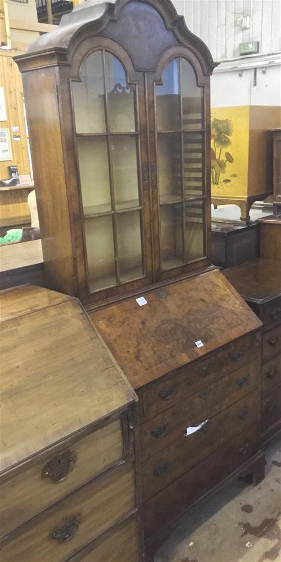 1930s banded burr walnut bureau bookcase